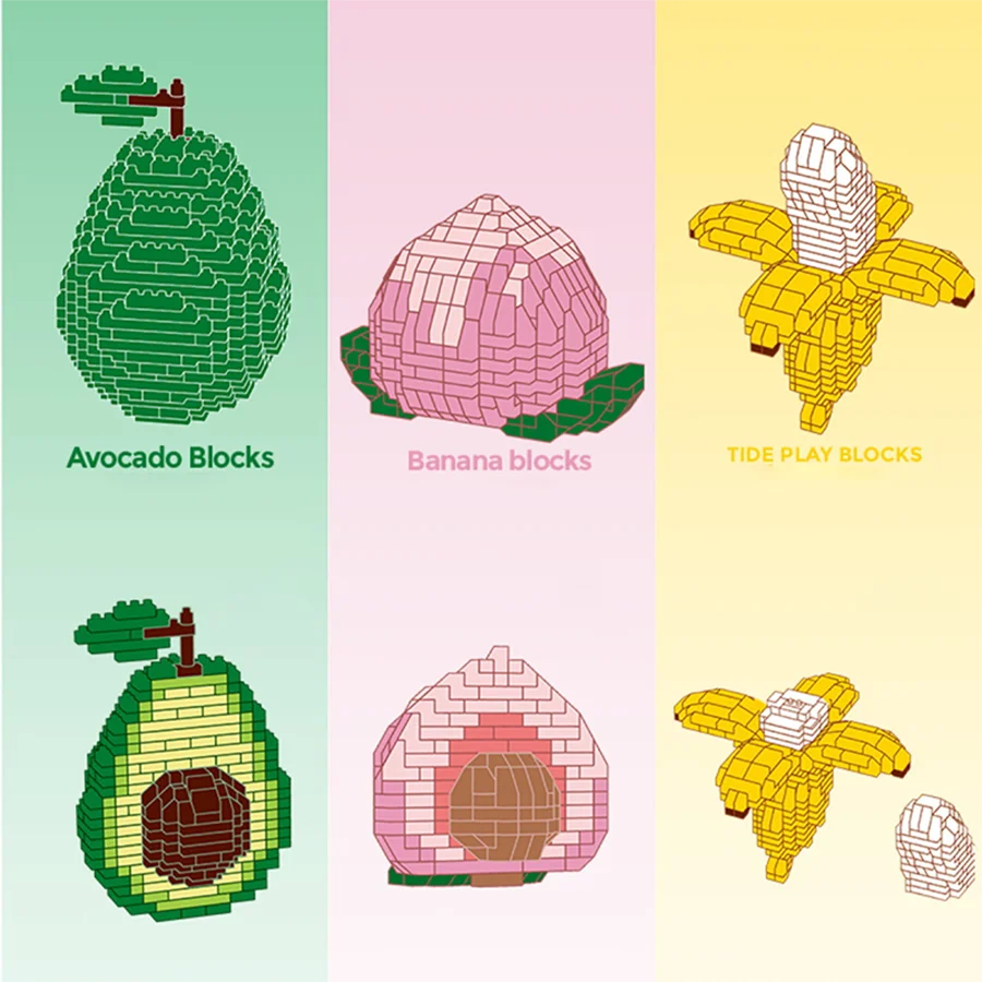 Six fruit building blocks, fruit dynamic assembly toys, peaches, watermelon, orange and banana shapes. Desktop decoration.