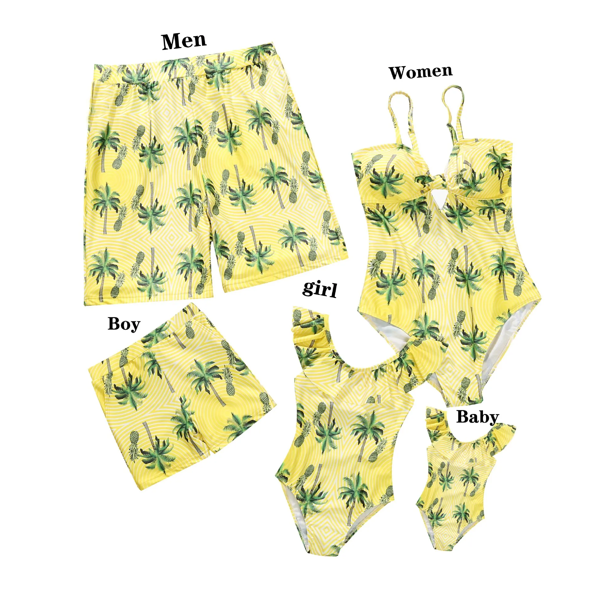 Family Matching Outfits Coconut Tree Print Holiday Look Beachwear Adult Kids Swimsuit Women Girls One-piece Suit Men Boys Shorts