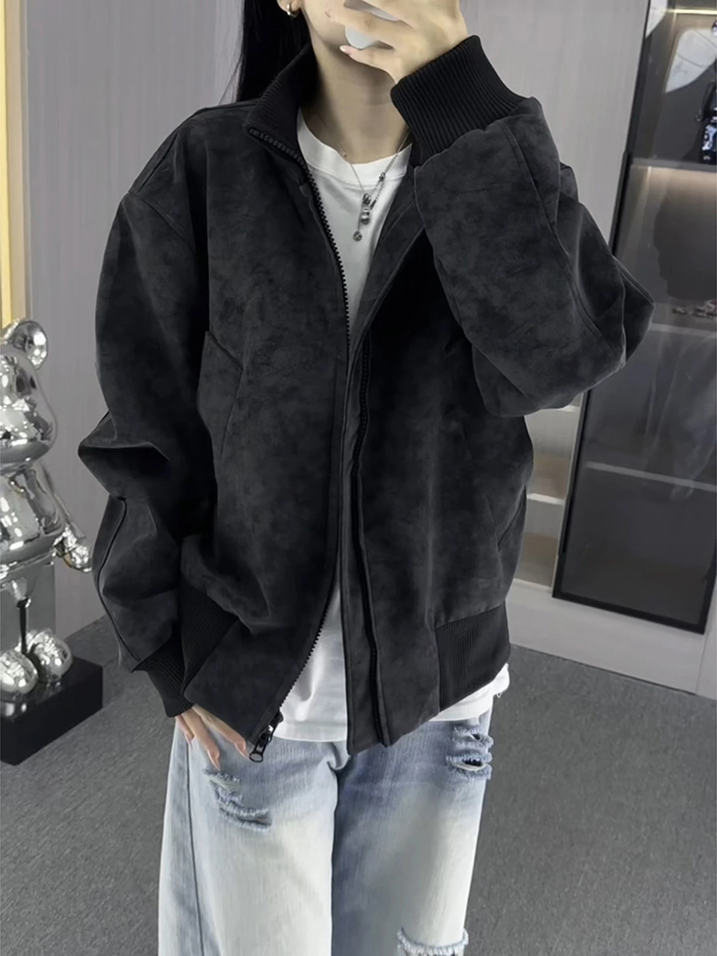 

Мужская осенняя куртка-пилот из американской окрашенной кожи с воротником-стойкой, высококачественная, свободного кроя, в стиле бейсбольной куртки