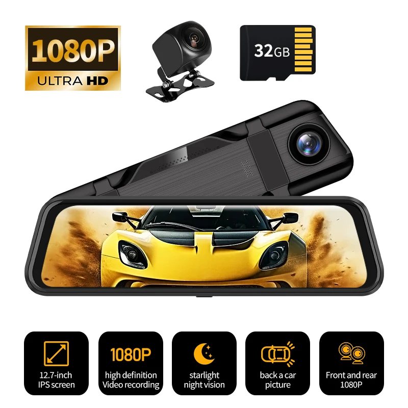 

12,7-дюймовая зеркальная камера для автомобиля, видеорегистратор с сенсорным экраном, зеркало заднего вида, видеорегистратор, передняя и задняя камера, зеркало DVR, черный ящик