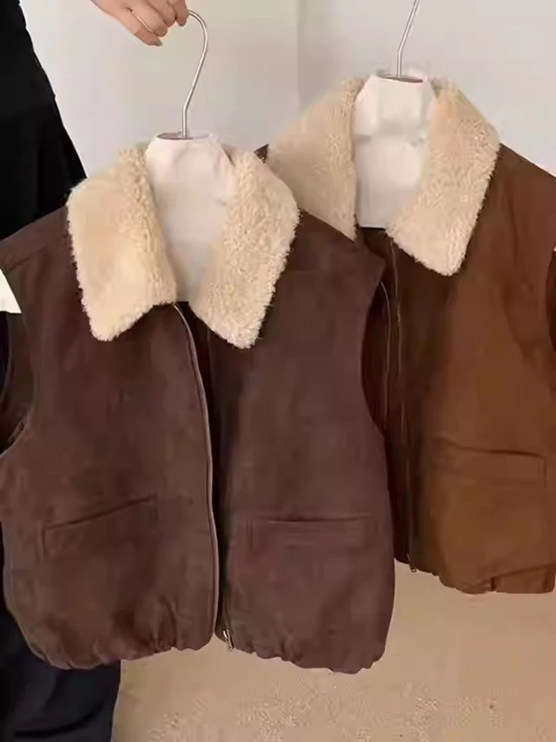 المرأة الخريف الشتاء الرجعية البني سترة أفخم بدوره إلى أسفل طوق جديد هونغ كونغ نمط الوجه طوق أعلى سستة الحصان كليب نمط #1