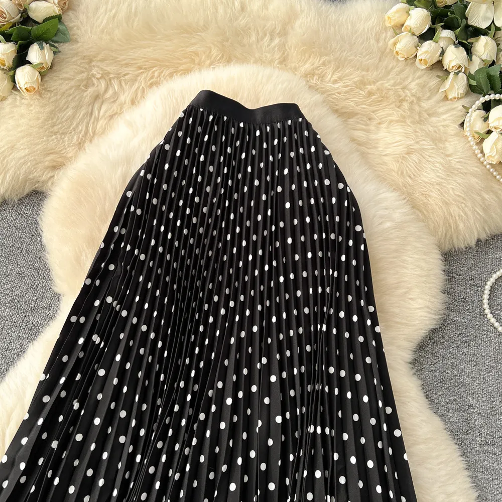 Korean Style Polka Dot Print Pleated A-line Long Skirts Women 2026 Spring Summer High Waist Casual Skirt