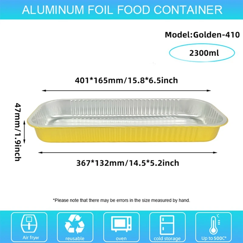 20Pcs Gold Rectangular Foil Containers Thickened Heat Resistant Aluminum Baking Pans for BBQ Skewers Fish Grill Oven Safe Tray
