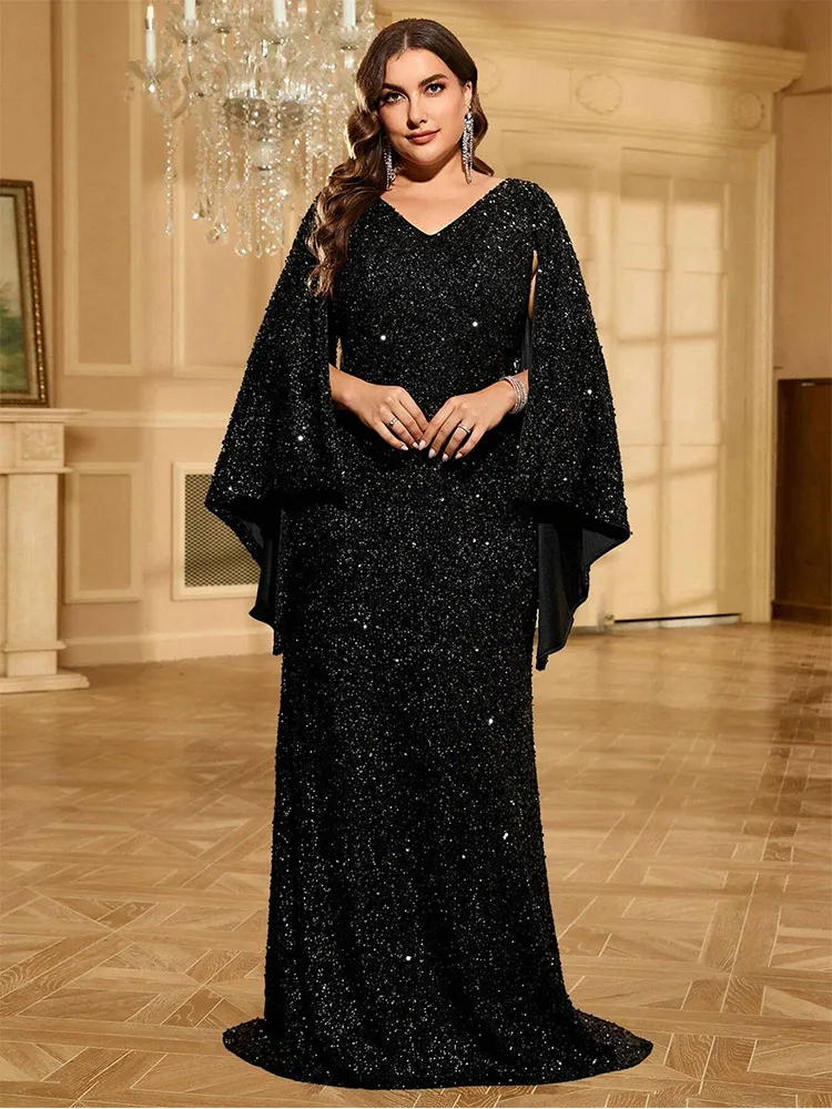 Plus Size V Neck Sleeveless Sequin Cape Black Bridesmaid Party Big Size 5xl6xl Roddu Sparkling Evening Dress For Women 2024