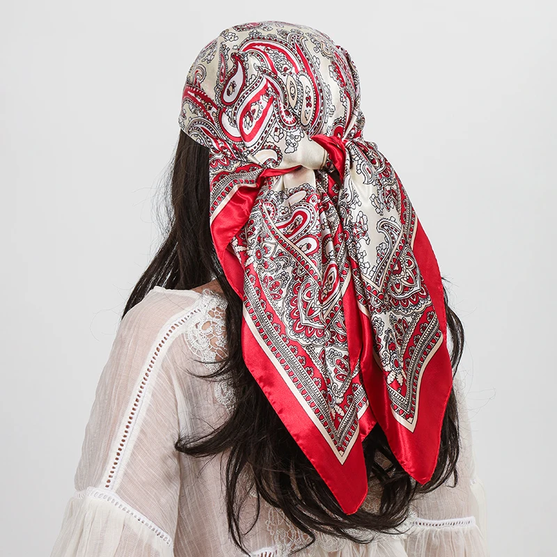 Satin Square Scarf Women Hijab Paisley Cashew Print Silk Scarf Neckerchief Shawl Wraps Headband Hair Accessories Bandana 90*90cm image 2