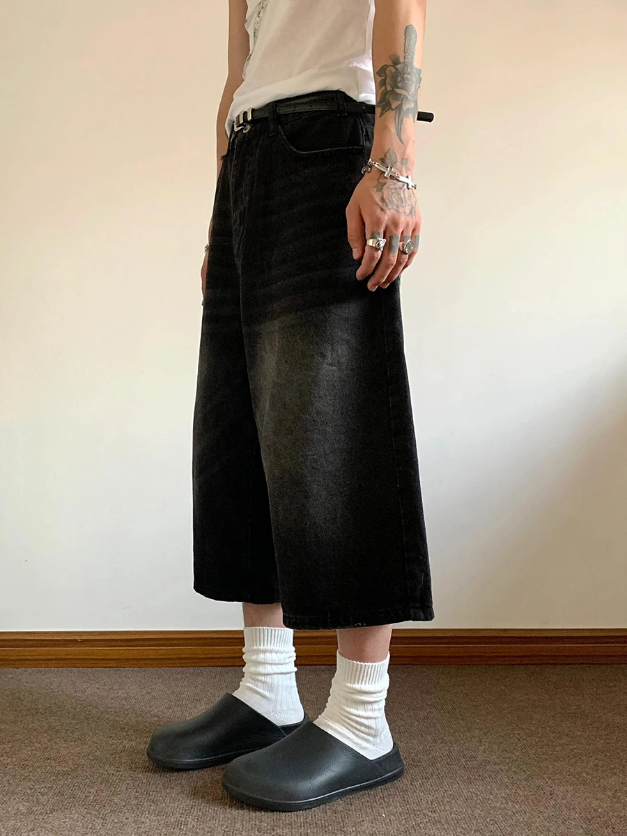 ReddaChic Men Retro Whiksers Baggy Jorts Korean Low Waist Black Washed Frayed Oversized Casual Solid Denim Shorts Y2k Clothes