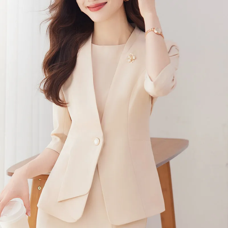 NAVIU Apricot Blazer Women 2024 New Spring Summer Casual Formal Half Sleeve Slim Jacket Office Ladies Work Coat Tops Black Pink