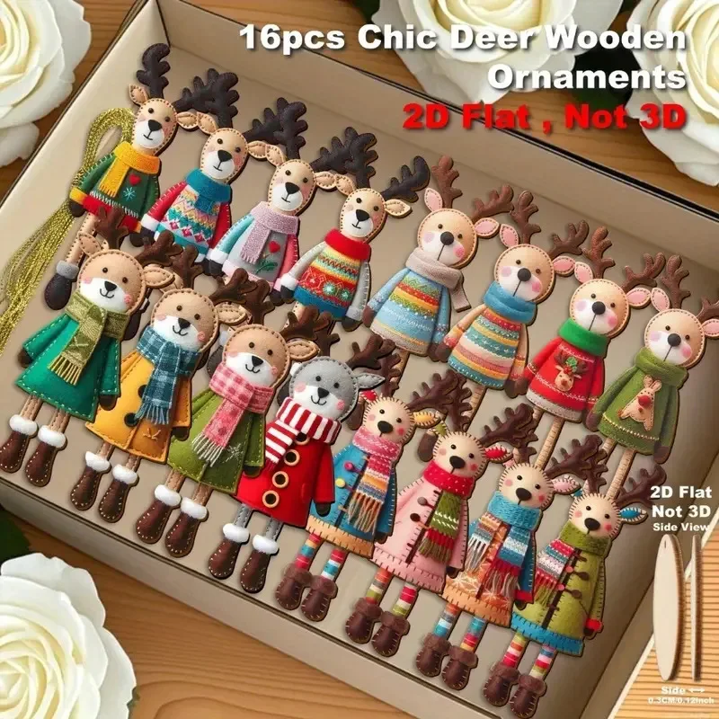 16 pçs 2d colorido rena de natal ornamento de madeira 2025 natal dos desenhos animados pendurado ornamentos para casa 2026 presente de ano novo