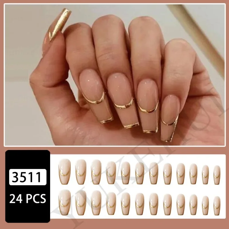 Unhas de acrílico falso definido para meninas, nu simples, linhas douradas, longo, ponta francesa, pressione, barato, 24pcs