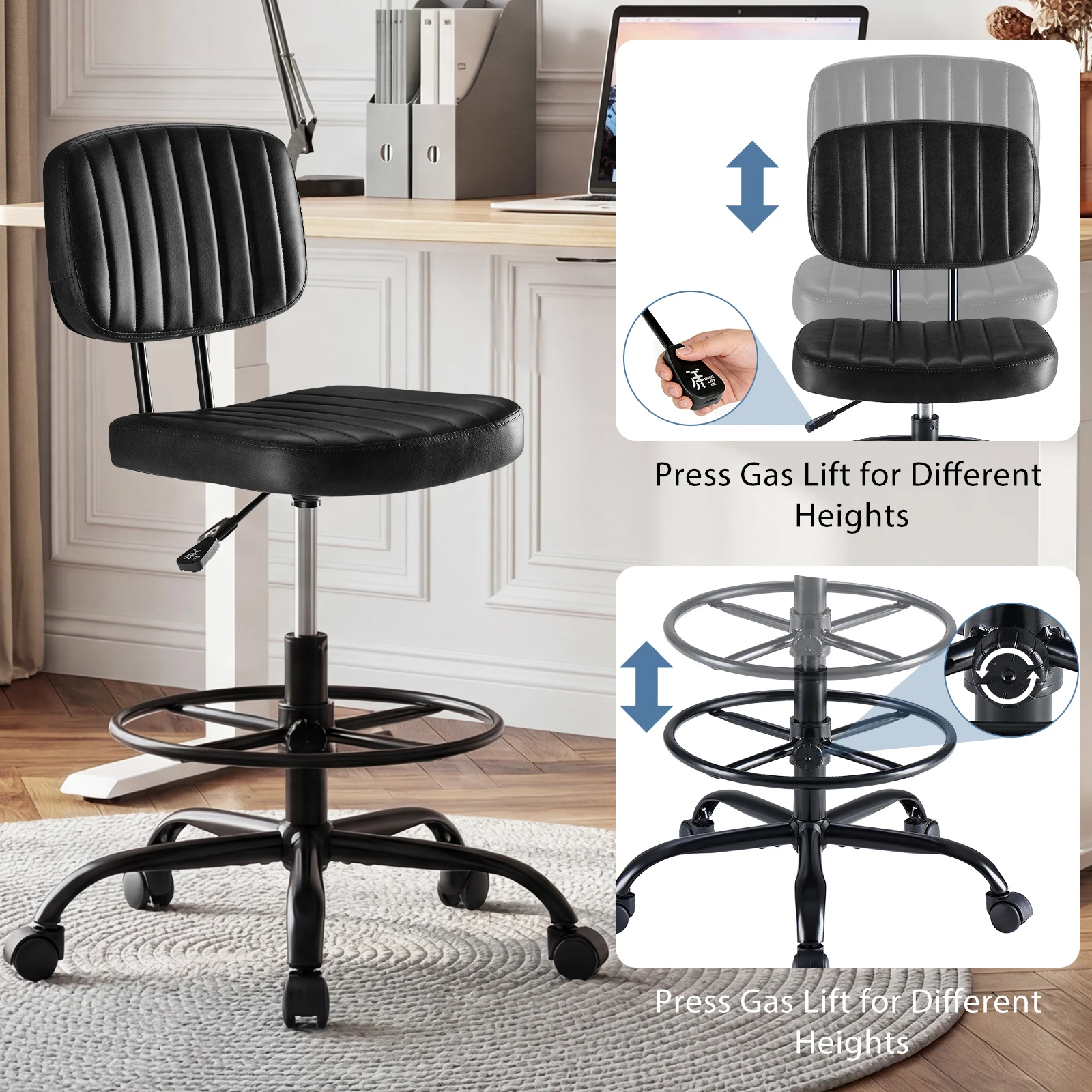MCQ Ergonomic Armless PU Leather Drafting Office Chair with Swivel Rolling Adjustable Height Gaming Racing Chair For Home Office image 6