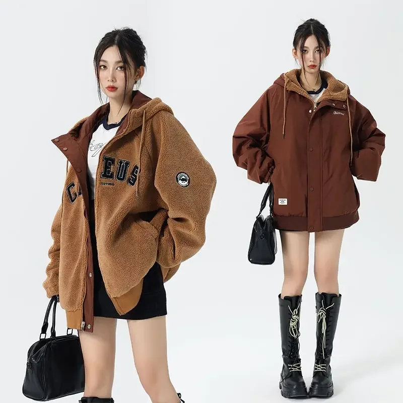 

2024 Autumn Winter New Female Y2K Street Loose Letter Embroidered Coat With Lambswool Cotton-padded Clothes Wear on both sides