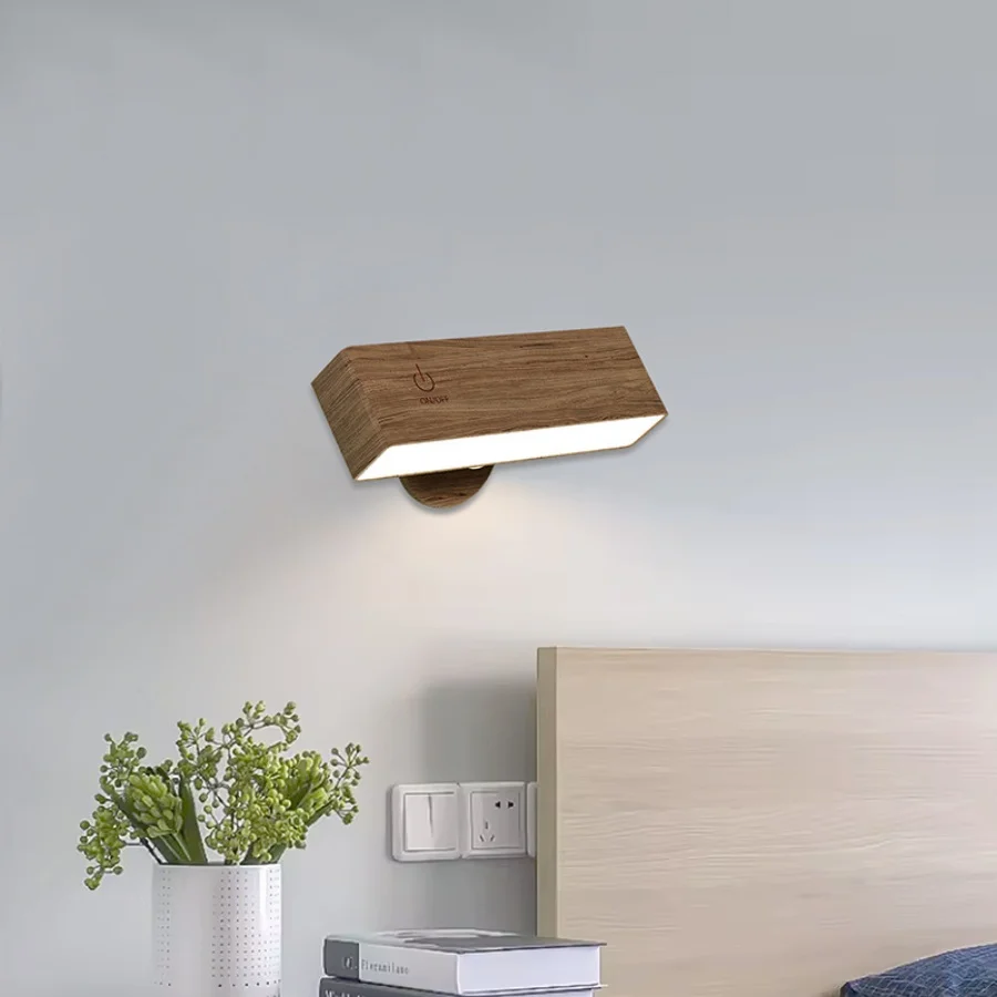 New design Rotatable wooden wall light Wireless Wall Mounted Light Rechargeable Magnetic LED Wall Reading Lamp for Bedside