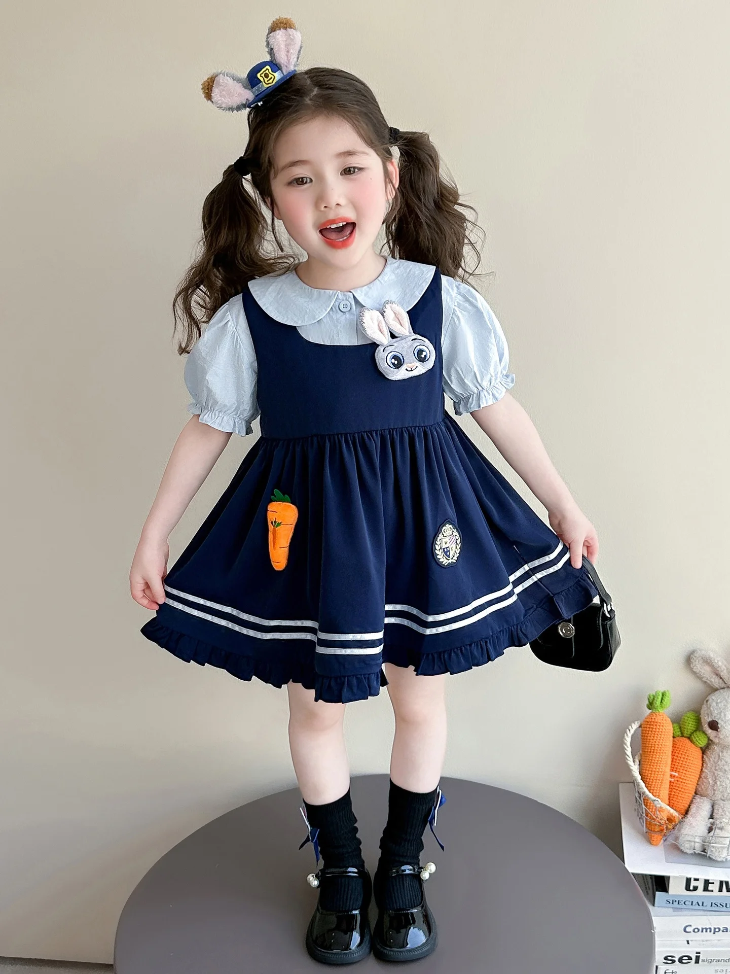 Vestido de Princesa Coelhinha Fofa para Meninas, Vestido de Verão com Manga Curta Estilo Escolar, Saia Judy Coelhinha da Moda...