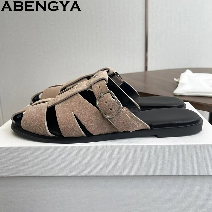 

Summer Suede Leather Slides Women's Half Flat Slippers Slip On Mules Wrap Toe Holiday Beach Shoes For Woman Slippers