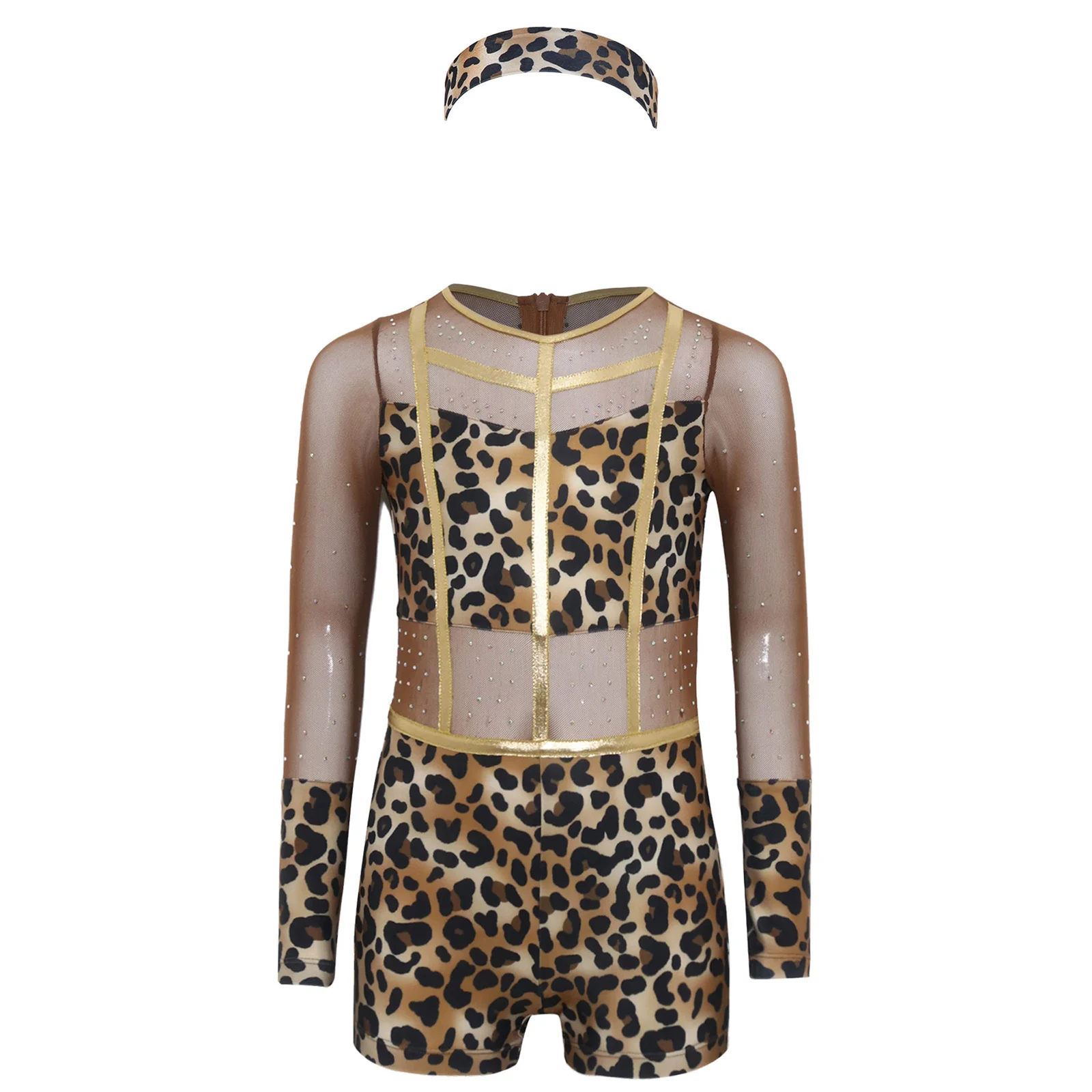 Kinder Mädchen Strass Leopardenmuster Jumpsuit für Ballett, Halloween Höhlenmenschen-Kostüm, Reißverschluss Metallic-Besatz Bodysuit – Detail 14