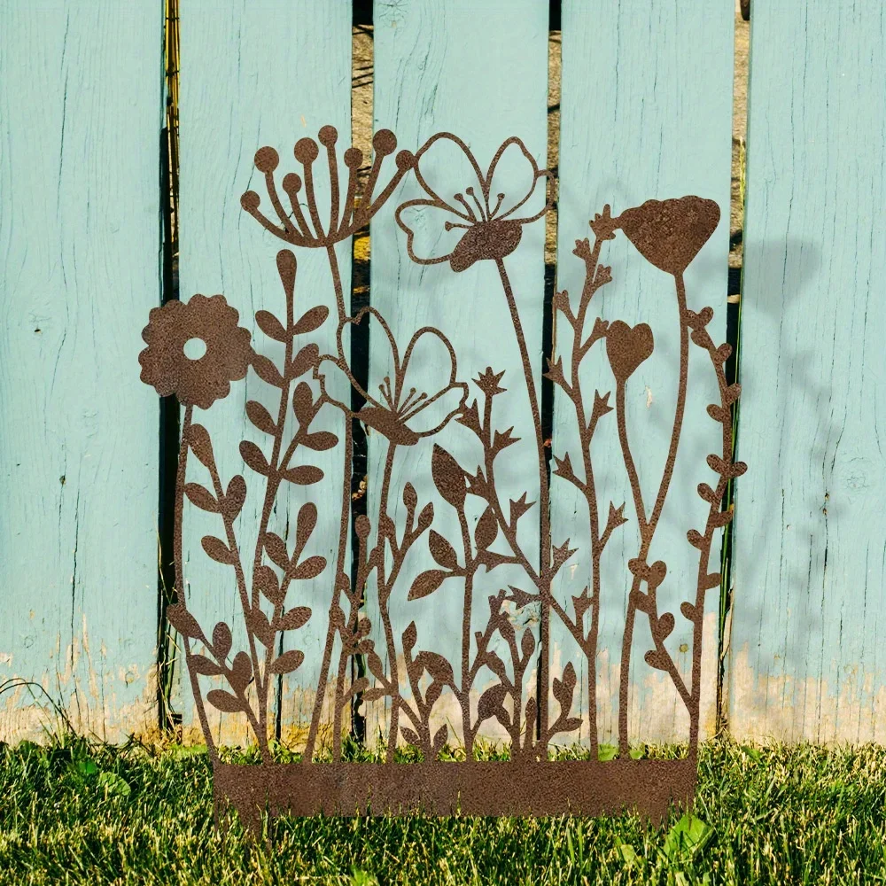

1pc Corroded Metal Wildflower Stake, Metal Floral Garden Ornament, Weathered Outdoor Metal Sculpture, Rustic Wildflower Decor