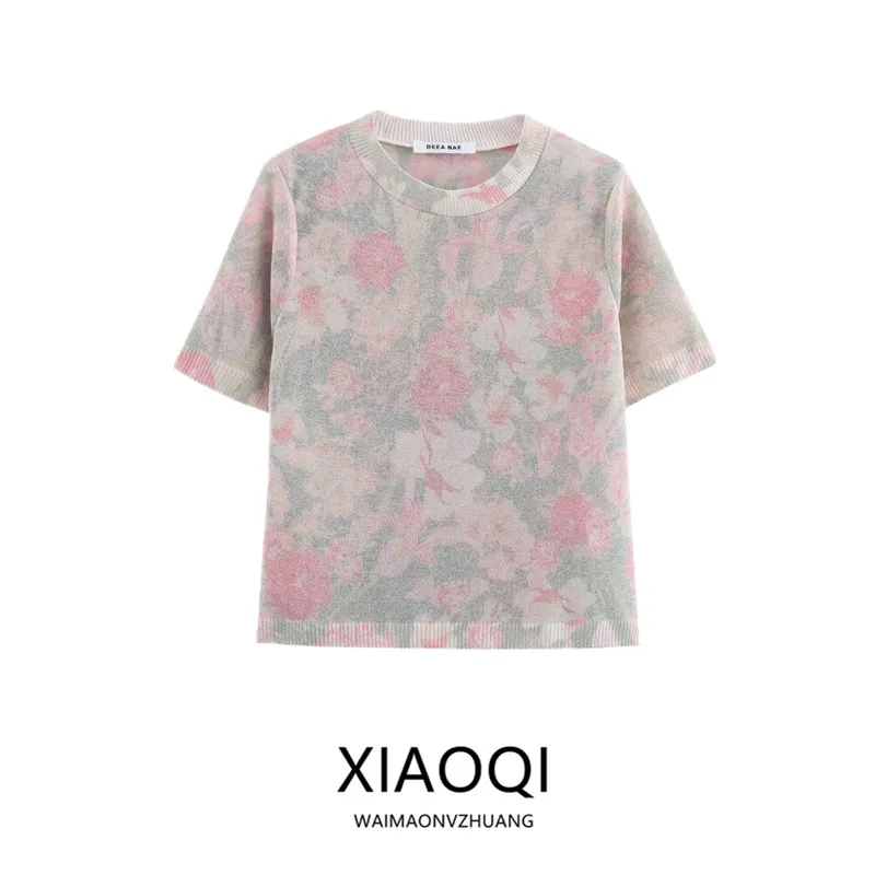 Spring 2025 Women's Faion round Ne ort Sve Knitted Top Floral Print Versatile New Arrival Commute Sle Polyester Blend
