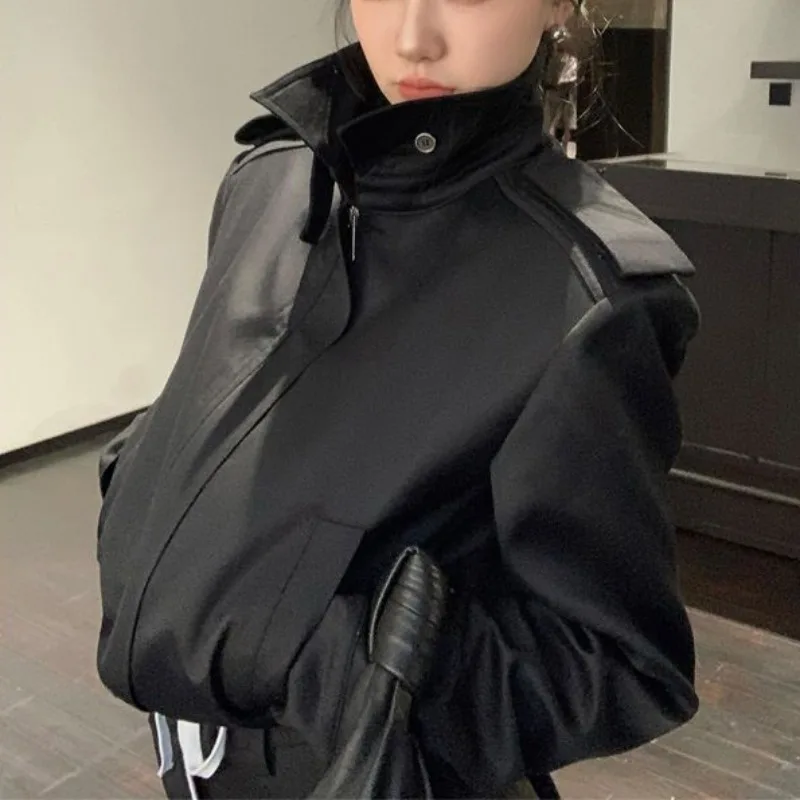 

Короткая модная куртка в американском стиле ретро для женщин, весна-осень, новая повседневная рабочая одежда, топ, крутые мотоциклетные пальто с воротником на пуговицах для девочек