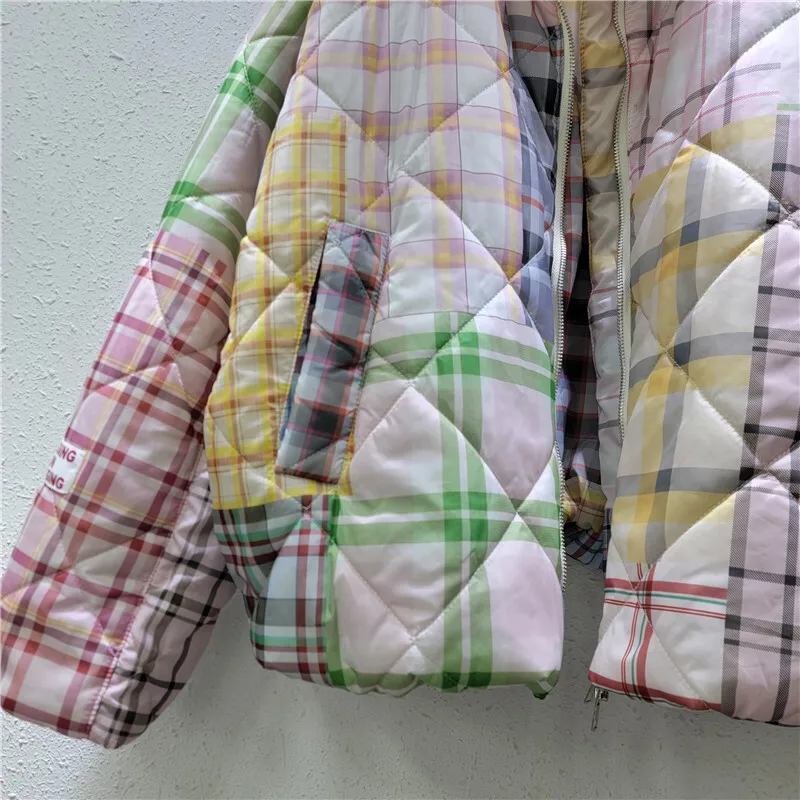 DEAT Women's Coat Patchwork Plaid Contrast Color Printed Cotton-padded Thick Causal Jackets 2025 Spring New Fashion 29L9075