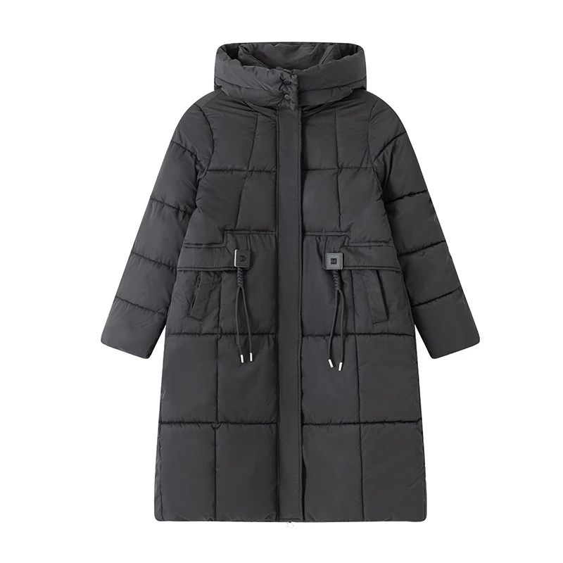 Nuovi piumini lunghi con cappuccio Abbigliamento Colletto alla coreana da donna Cappotto caldo addensato Piumino elegante invernale tinta unita femminile