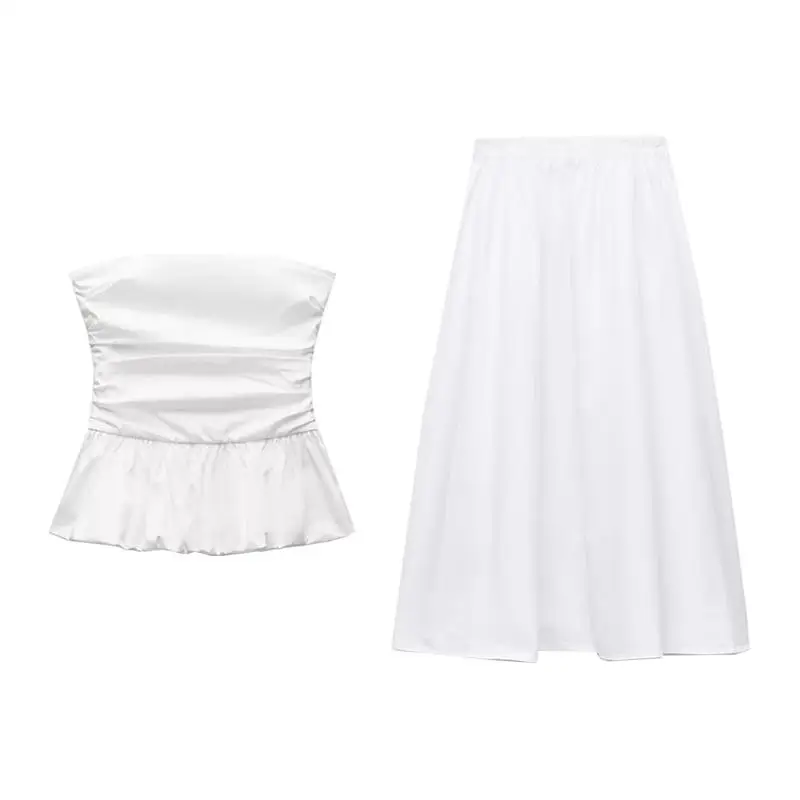 Conjunto de Moda Primavera para Mujer, Blusa de Gasa con Cuello Redondo y Manga Corta, Falda Midi y Plones Largos, Atuend...
