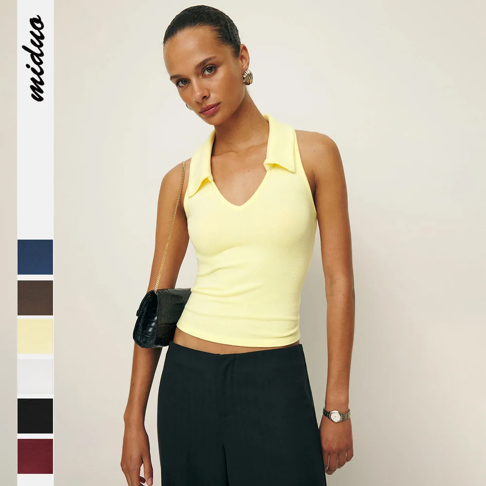 

Trendy Hot Girl Short Top Lapel Sleeveless T-shirt Slim Fashion Women's Tees High Street All-match Vest