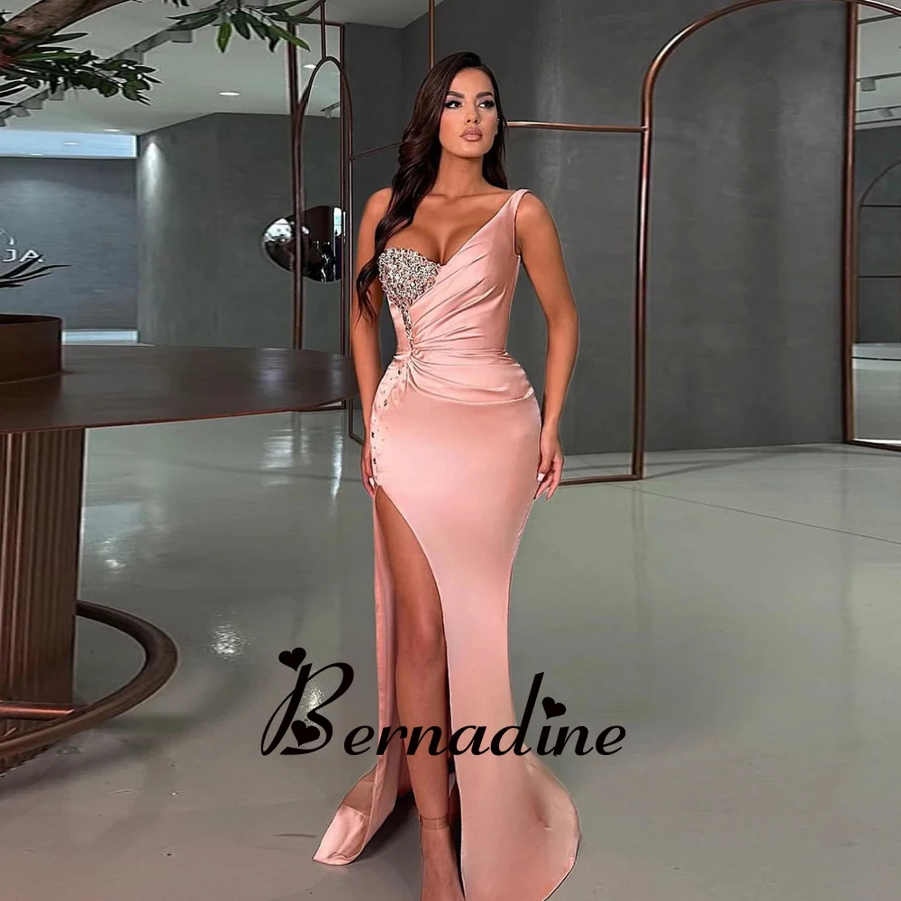 

Bernadine Graduation Dresses Stylish One Shoulder Evening Party For Women Slit Rhinestones Mermaid Vestidos Robes De Soirée