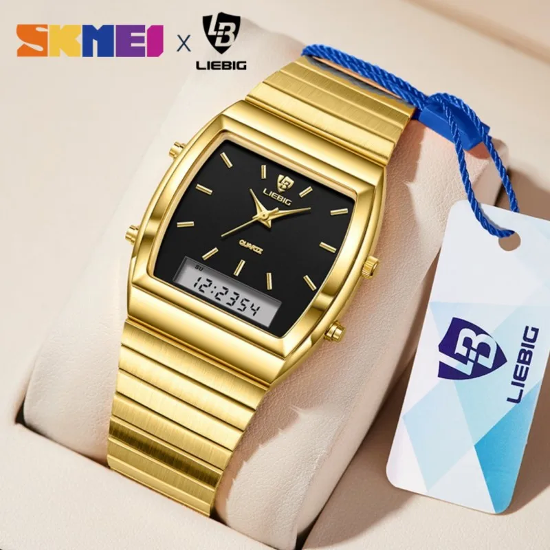 New 2023 Fashion Watch For Men Casual All-Steel Digital Quartz Dual Display Gold Clock Week Time  Male Waterproof relogio mascu