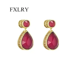 FXLRY High Quality Red Color Cubic Zirconia Luxury Simple Geometric Water Drop Shape Earring For Women Wedding Jewelry