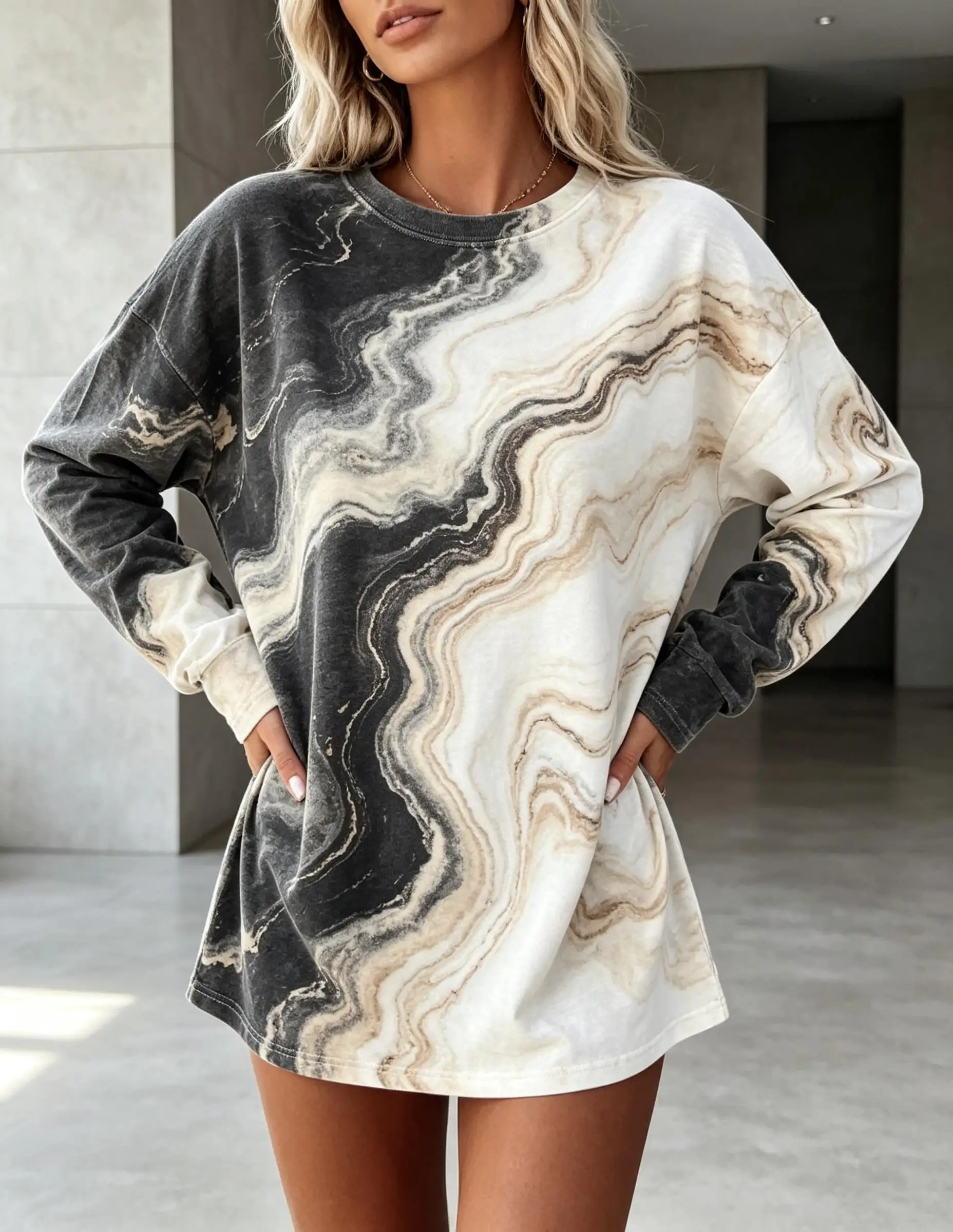 Women Crew Neck Long Sleeve T Shirt Faux Marble Swirl Texture Flat Print Oversized Loose Tunic Top