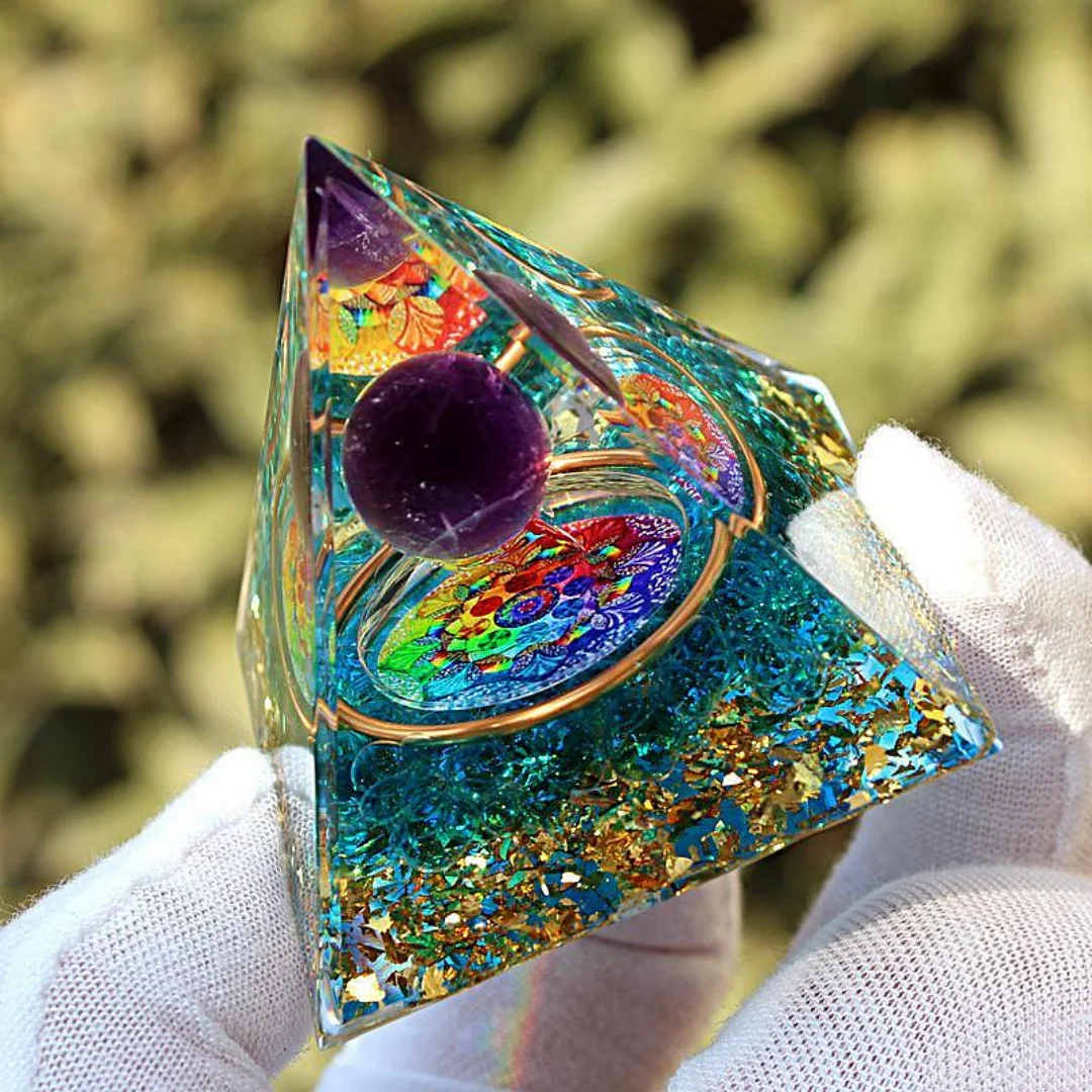 Orgonite Pyramid Natural Amethyst Sphere Resin Energy Generator Mandala Pattern Healing Home Desk Decor Meditation Gift