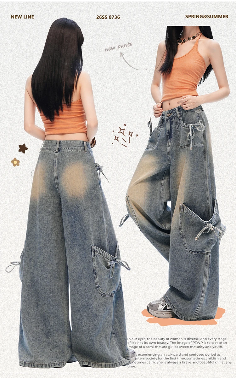 Women's Blue Casual Denim Long Pants Cargo Bagyy 90S Y2K Large Pocket Harajuku Aesthetic Butterfly Knot Wide Leg Jeans Clothing