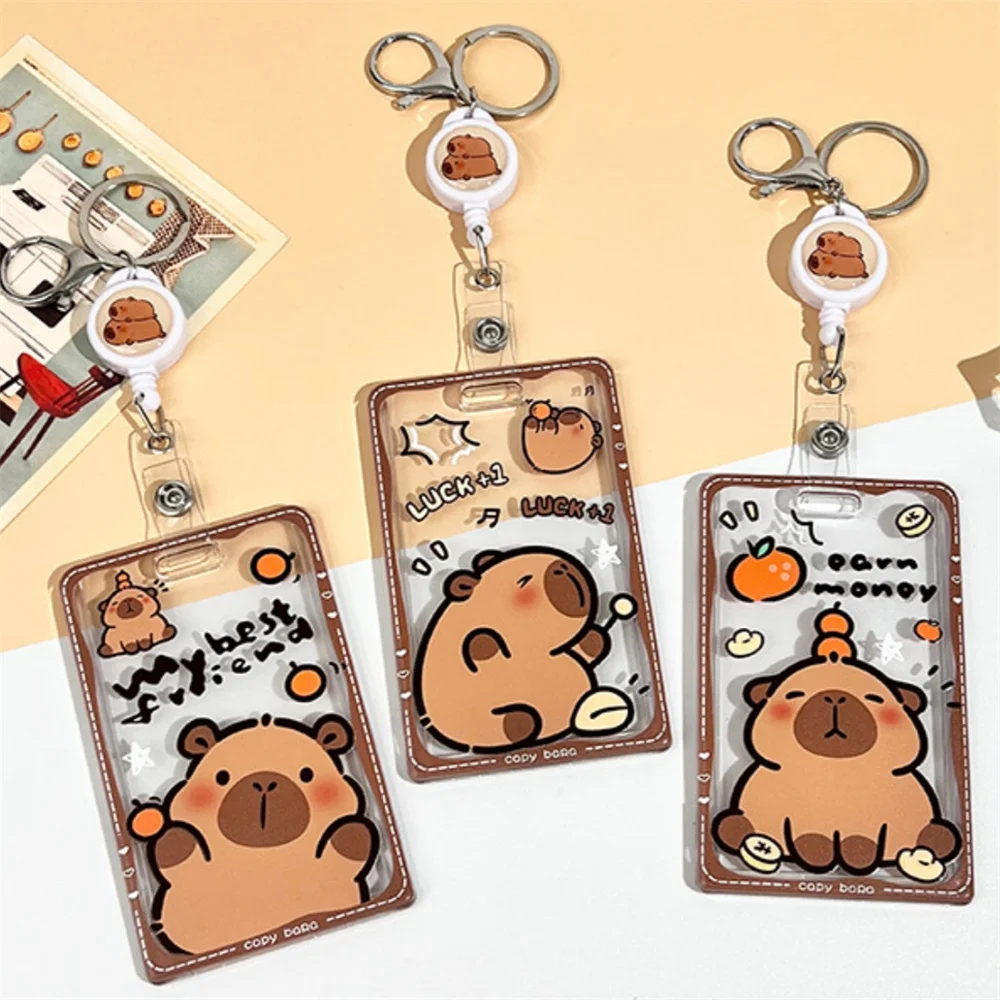 Cute Capybara Photocard Holder Cartoon Card Cover with Keychain Transparent Photo Protector Case Badge Sleeve Stationery Gift