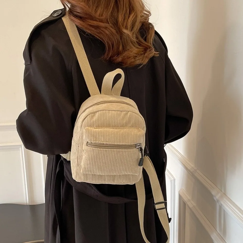 Forest Series Solid Color Corduroy Mini Backpack Zipper Multi Pocket Double Shoulder Bag Portable Vintage Daypack Casual Travel