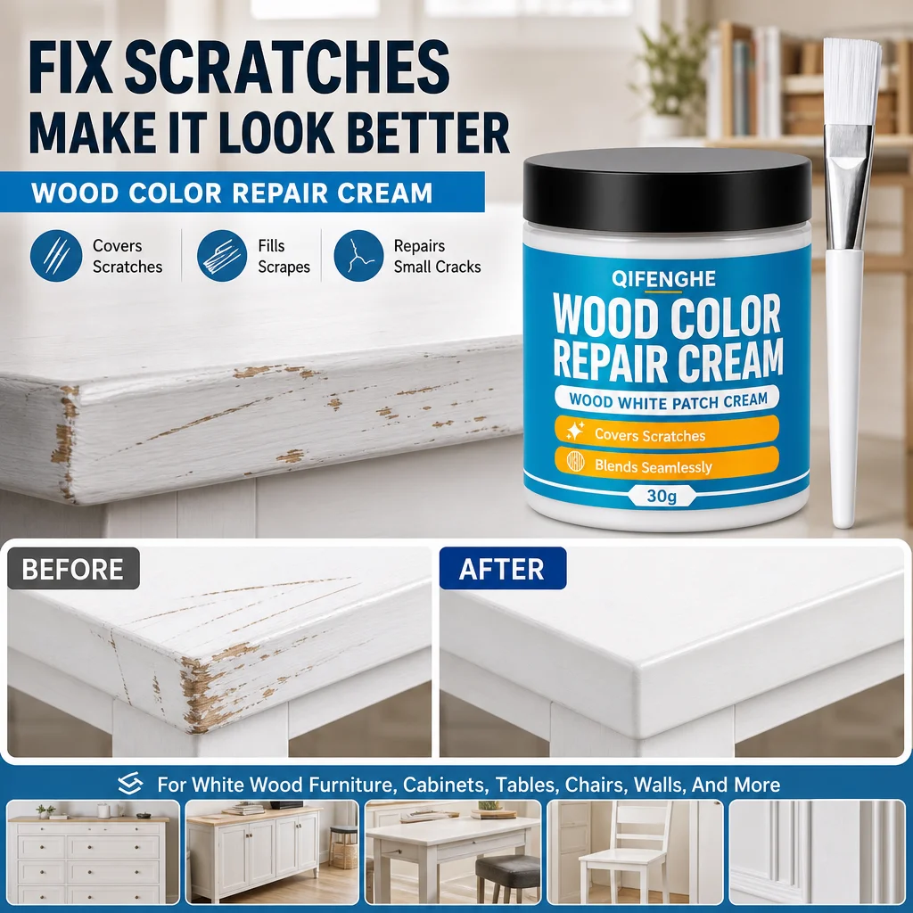 30g White Wood Color Repair Cream with Brush, Furniture Patch Filler for Scratches Scuffs Small Cracks, Restore Cabinet Table Ch