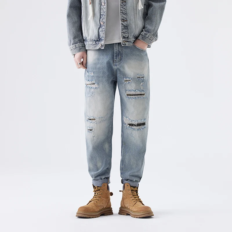 

Broken jeans men's new retro washed old light blue pants American high street Slim small straight pants