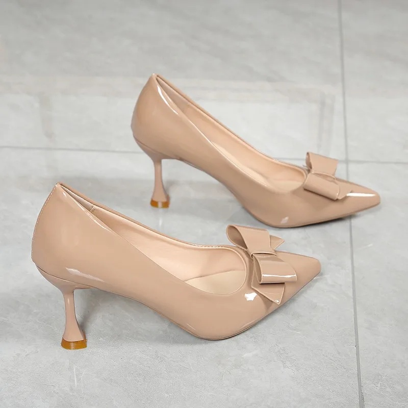 Fall 2025 French Bow High Heels Women's Stiletto Heel Pointed Toe Not Tired Feet 7 Cm Patent Leather Single Shoes