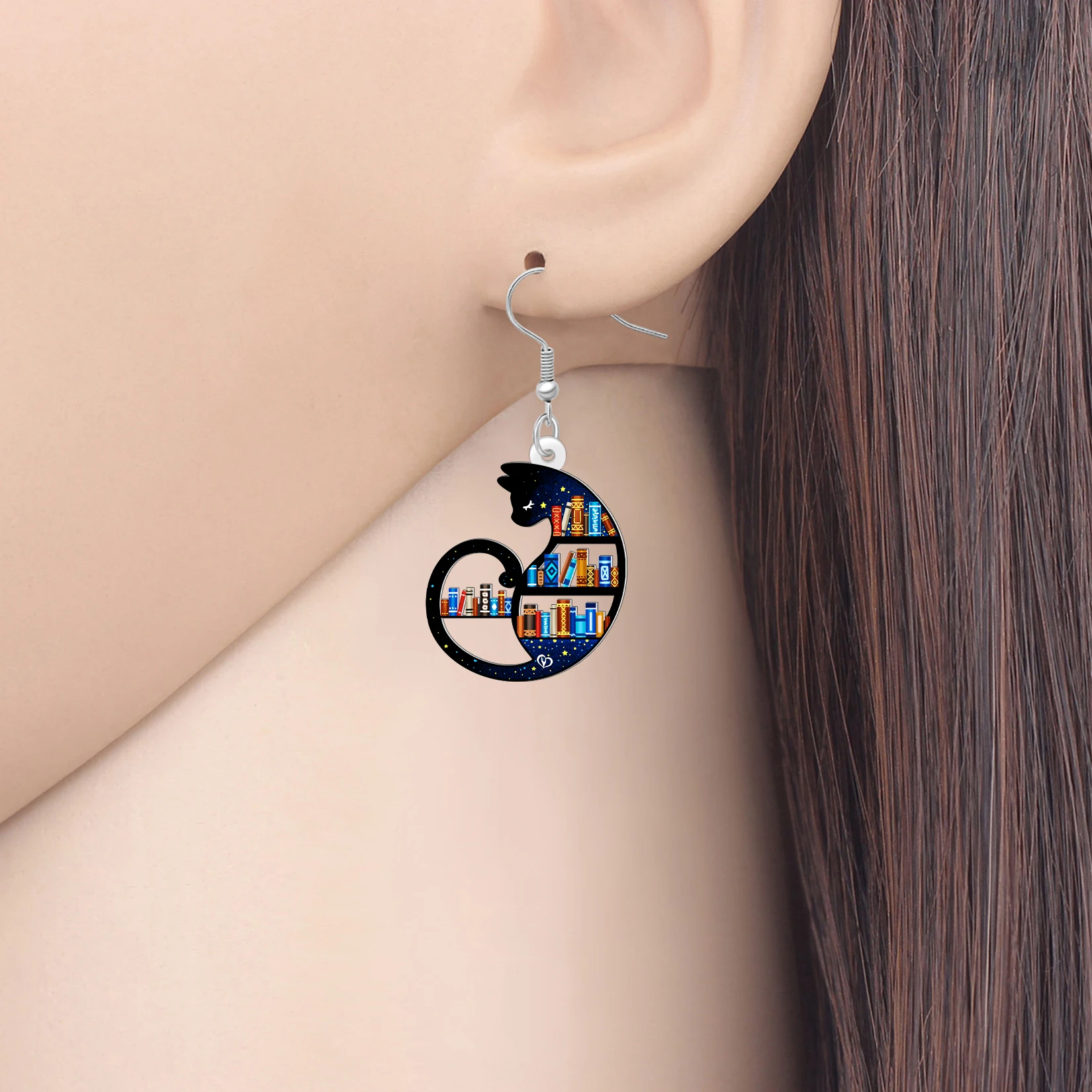 BONSNY Acrylic Cat Bookcase Earrings Novelty Starry Sky Kitten Bookshelf Aesthetic Jewelry Gifts For Women Readers Teacher Charm