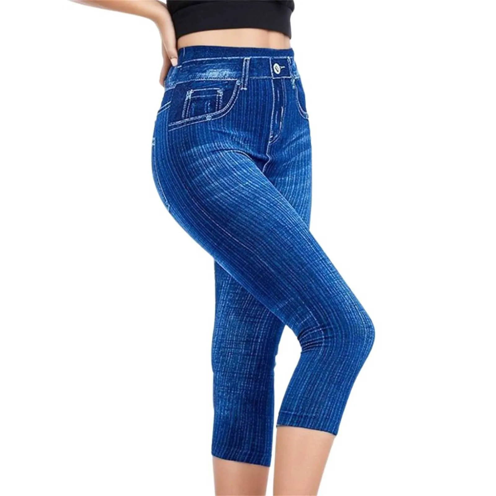 Frauen hoch taillierte Imitation Denim Stil Stretch Leggings sexy Mode Shape wear bedruckte enge Bleistift Capri hose