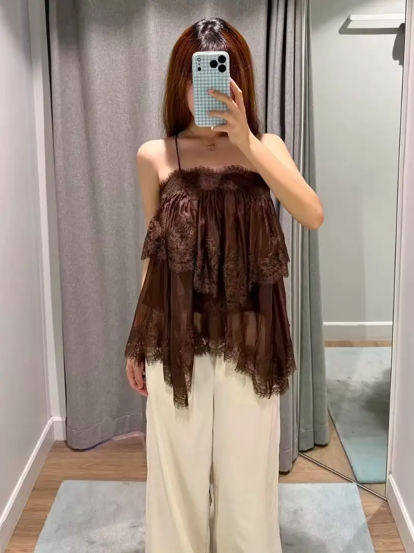 Women Lace Patchwork Camisole Square Collar Sleeveless Backless Loose Female Sling Top