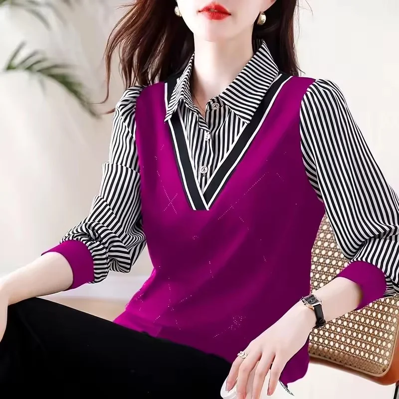 ใหม่หญิง High-end ปลอม 2 ชิ้นแฟชั่นลายเสื้อฤดูใบไม้ผลิฤดูใบไม้ร่วงผู้หญิงเสื้อแขนยาวเสื้อสุภาพสตรีเสื้อ