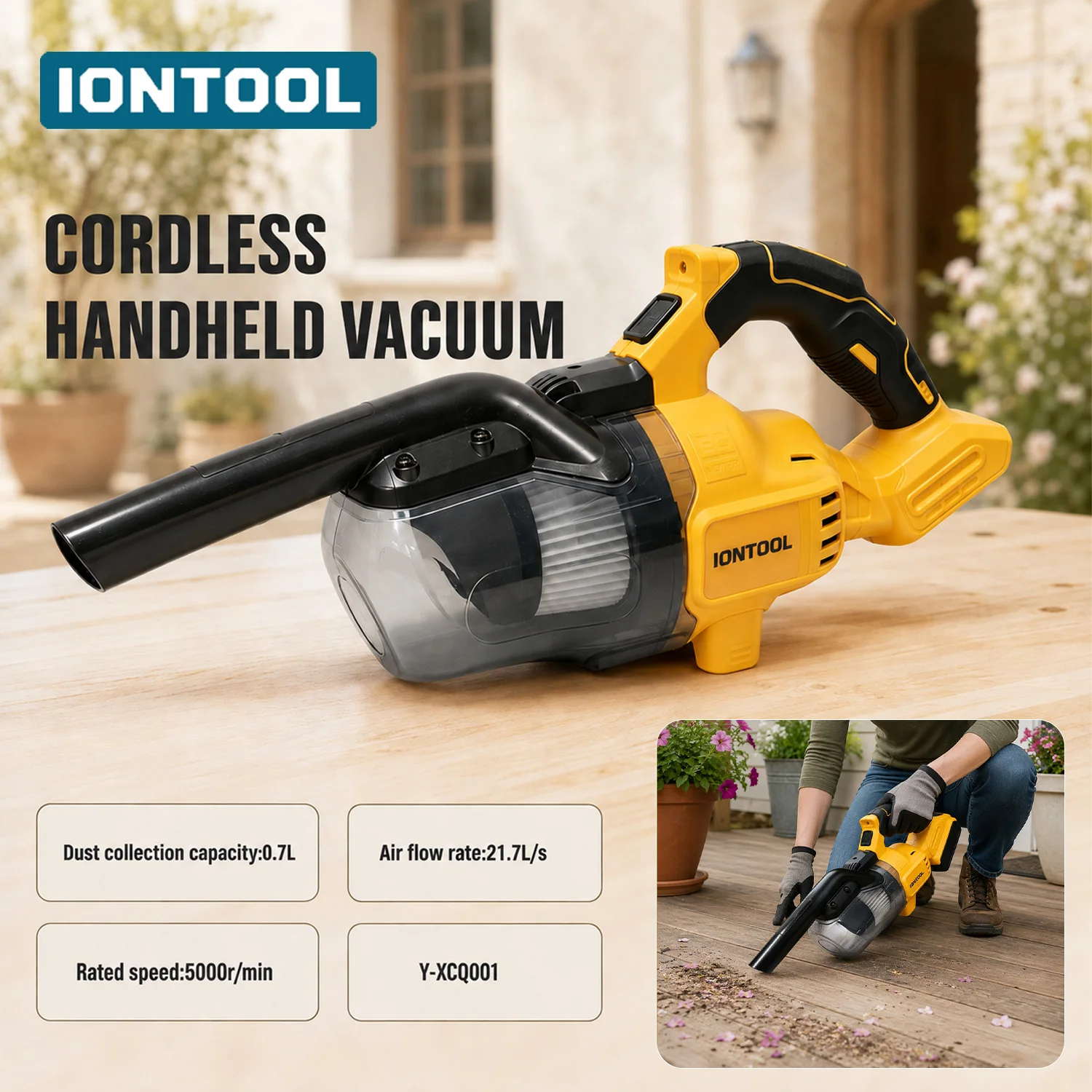 IONTOOL Yellow Handheld Dry Vacuum 400W Brushless 0.7L Dust Cup 21.7L/s Airflow for Car Interior Dry Dust Cleaning Bare Tool