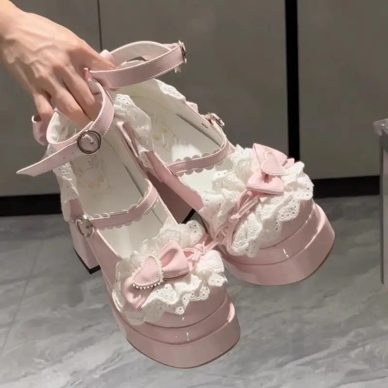 Japanese Kawaii Punk Goth Chunky Platform Pumps Women Bowtie Wedges Mary Jane Lolita Shoes Woman Heart Ankle Buckle Black Shoes