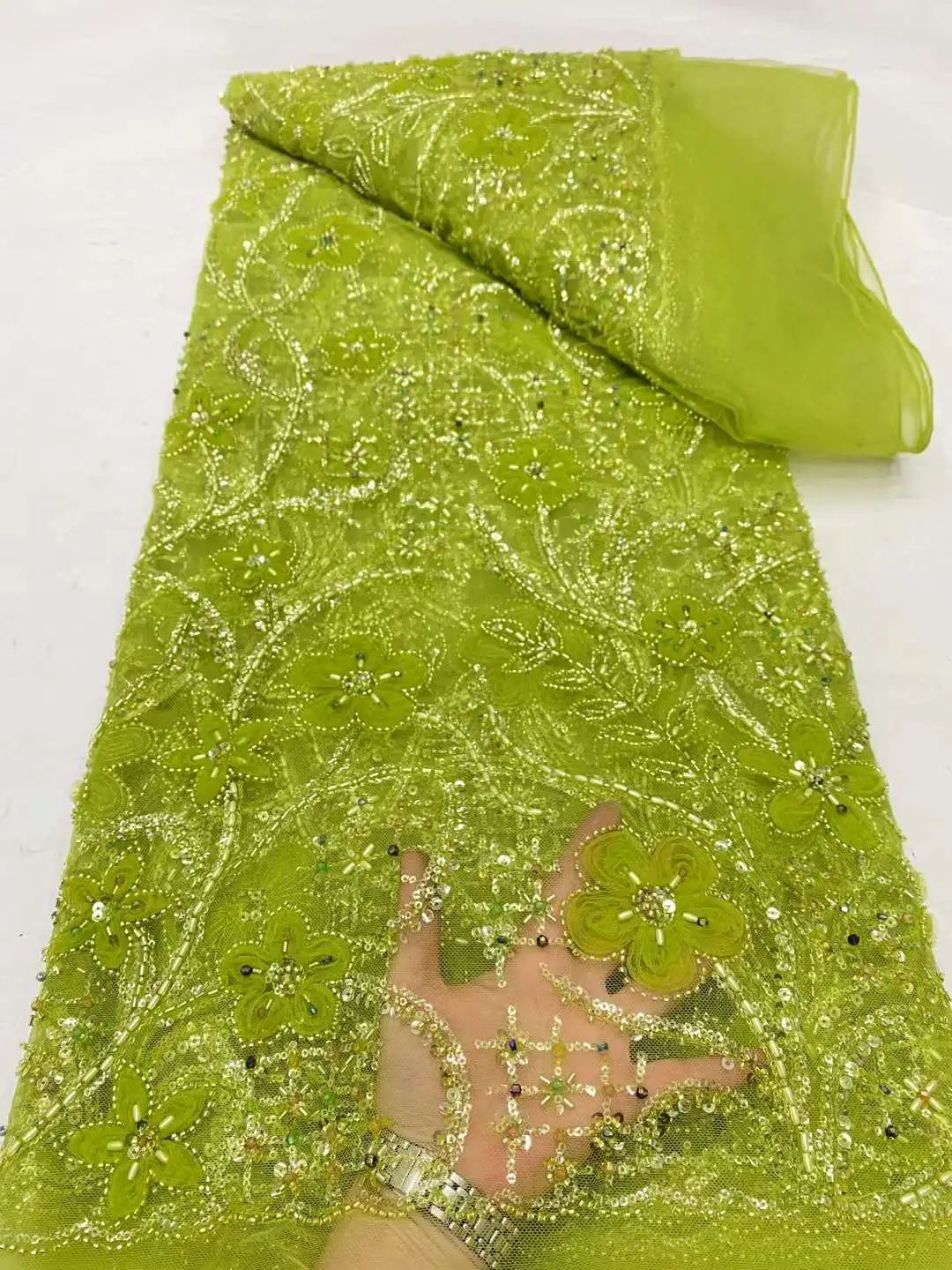 African Nigerian Sequins Fabric For Wedding Dress, French Embroidery, Heavy Bead Tulle Lace, Fashion, Elegant Green Sew Dp