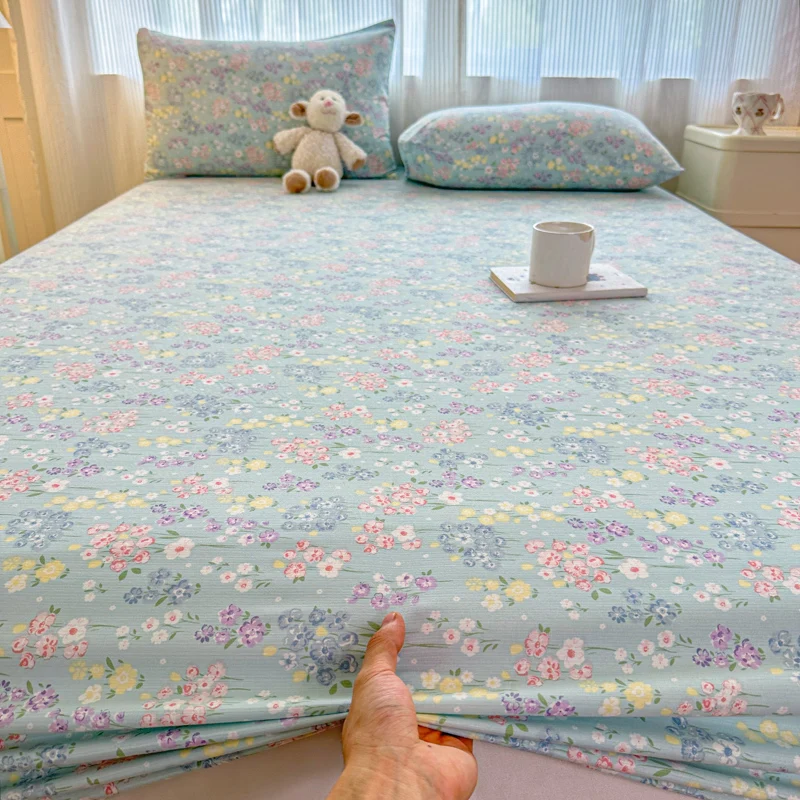 Flower Printing Double-Layer Fitted Sheet Set Class A All-Inclusive Bedspread with Pillowcase Soft Cozy Home Textile for Single