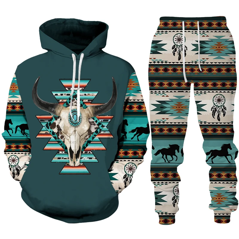 Bohemian Tribe Cow Print Hoodie 2Pcs Sets 3D Man/Women Hooded Sweatshirt Pant Set Spring Autumn Unisex Streetwear Men\'s Clothing