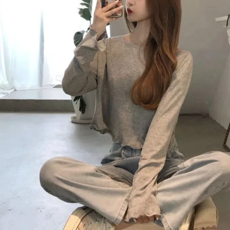 Korean Women\'s 2024 Spring New Spliced Pullover Round Neck Fashion Solid Color Loose Minimalist Casual Long Sleeved T-shirt Top