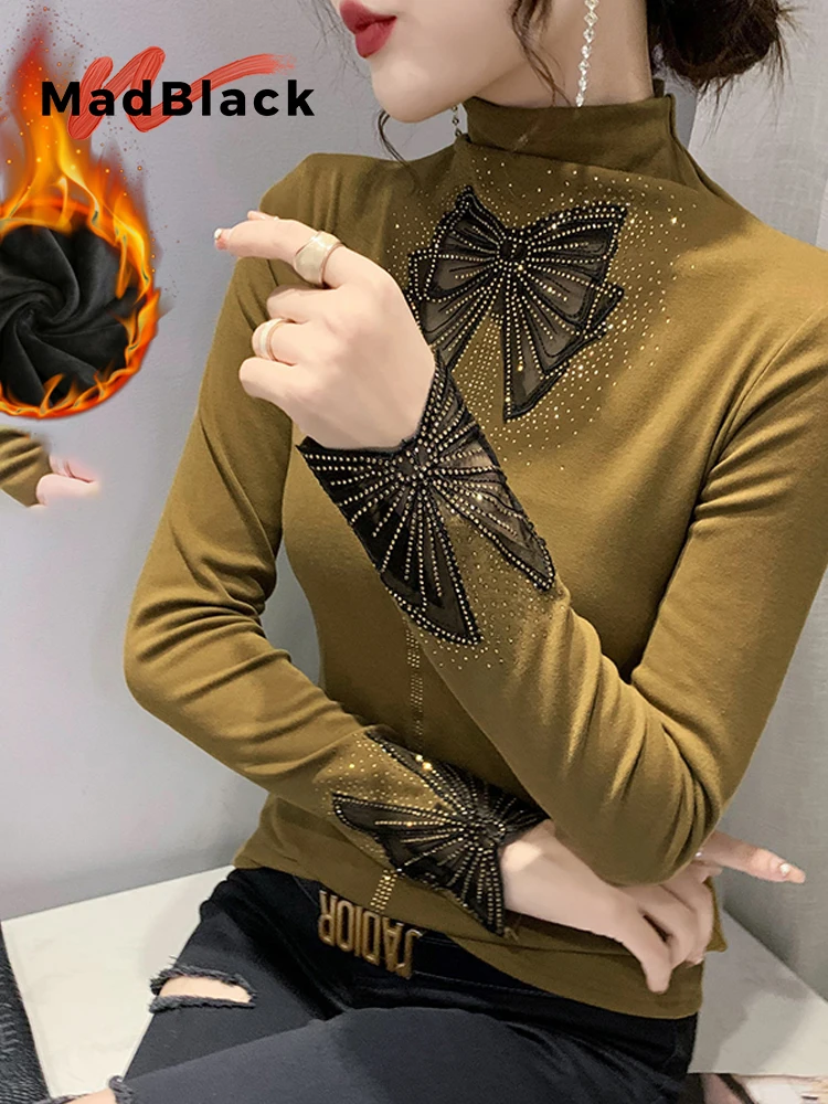 

MadBlack-Women European Fleece T-Shirt, Sexy Turtleneck Hot Diamond, Clubwear Long Sleeve Slim M-3XL Tee, 2025 Autumn T5N111CC