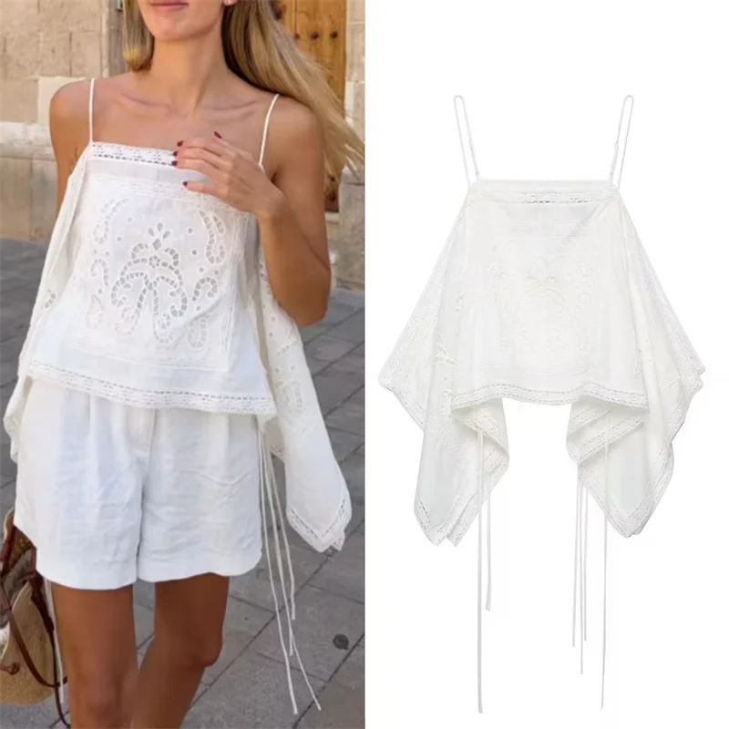 Guobioziy Women's Top 2026 Summer New White Strap Hollow Out Embroidered Asymmetric Top Beach Vacation Stylish