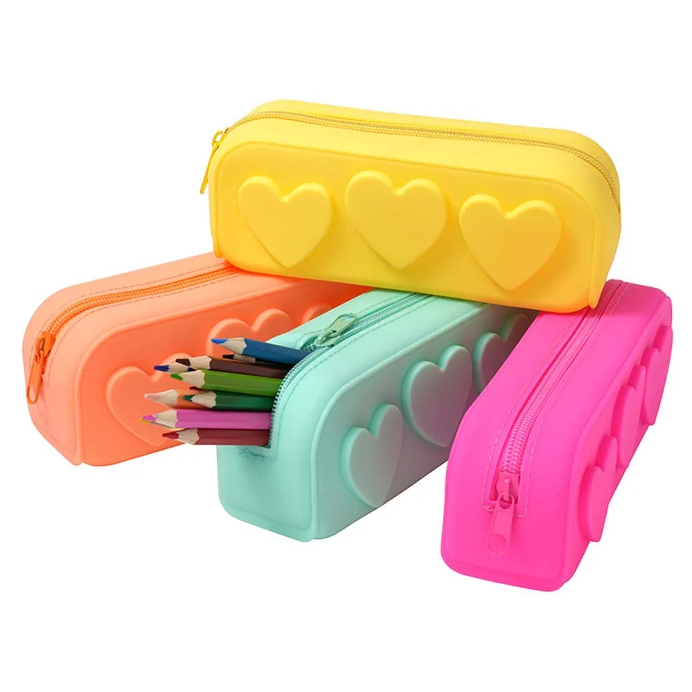 Waterproof Silicone Pencil Case Makeup Brush Holder Love Heart Soft Pencil Pouch Large Capacity Silicone Makeup Storage Bag